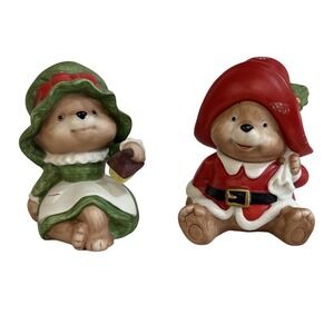 HOMCO Teddy Bear Christmas Figurines Set of 2 Santa Elf Ceramic Holiday‎ Decor
